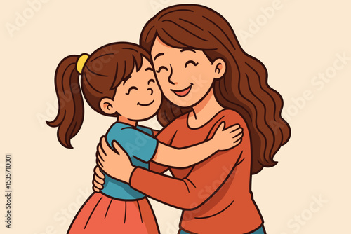 Happy mother and daughter hugging, a tender moment of family love. Loving mom embracing her little girl. Motherhood, parenting, and affection concept. Vector illustration for Mother's Day.