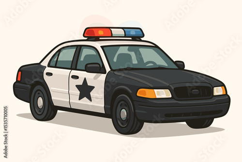 Police car vector illustration. American patrol vehicle with siren lights. Law enforcement cruiser for justice and security. Emergency transport symbol. Cartoon cop car isolated.