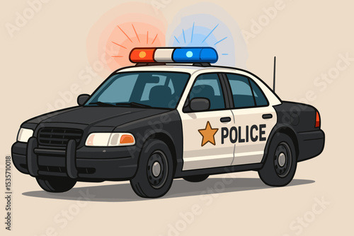 Police car vector illustration. Law enforcement patrol vehicle with flashing siren. Emergency transport for public safety, security, and justice. Cartoon cop car automobile icon.