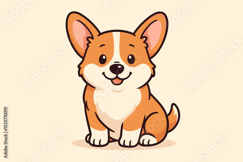 Cute Corgi puppy sitting, happy cartoon character vector illustration. Adorable Pembroke Welsh Corgi dog with a smile. Kawaii animal mascot design for pet shop or logo.