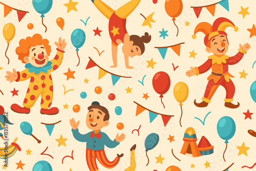 Carnival seamless pattern with cute circus performers. Vector background with clown, jester, and acrobat for kids birthday party. Funfair festival celebration illustration.