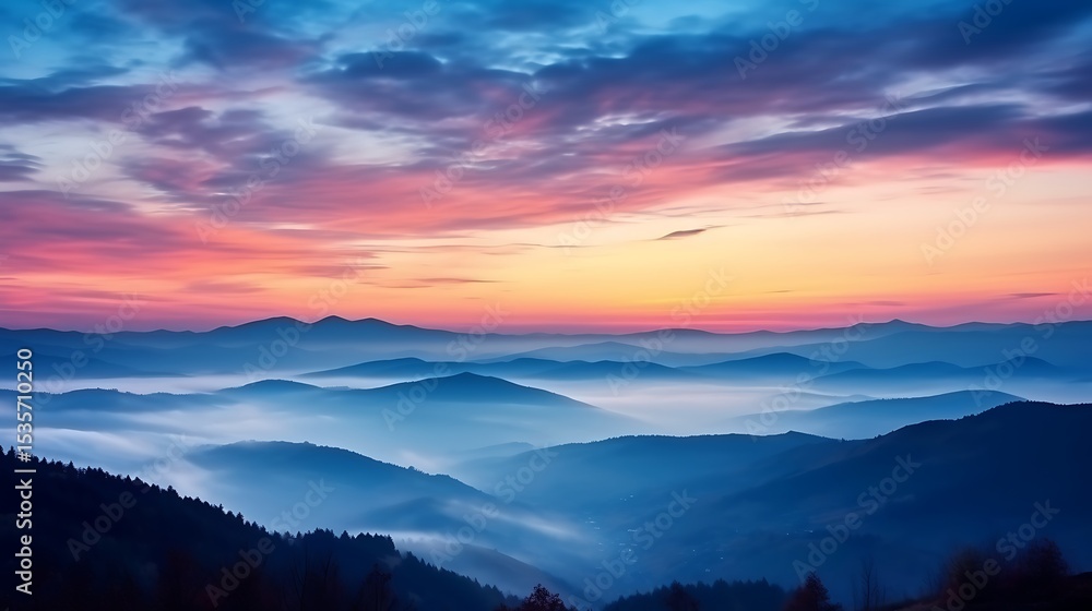 A colorful sky at sunrise over the Carpathians, deep reds and pinks blending into soft blue, mountain silhouettes dark and bold, faint layers of morning fog adding depth to the scene. A colorful sky at sunrise over the Carpathians, deep reds and pinks blending into soft blue, mountain silhouettes dark and bold, faint layers of morning fog adding depth to the scene.