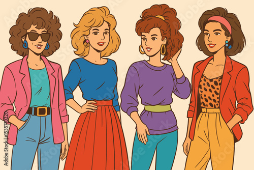 Group of women in 80s retro fashion. Vector illustration of female friends in colorful vintage outfits. 1980s style concept with big hair, leggings and blazers. Nostalgic cartoon.