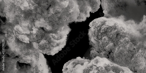 Abstract black and gray smoke gray cloud cut out. Isolated on Transparent background. Copy space. Thick gray Smoke Plume Against Black Background, Black and White Smoke Plume Composition Apocalyptic.