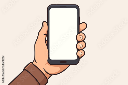 Hand holding smartphone with blank white screen. Vector cartoon illustration of a mobile phone mockup for app or web design. Man using technology device for communication concept.
