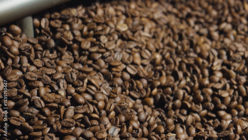 Fototapeta premium Roasted coffee beans sliding down a metal chute in