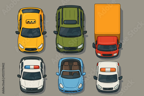 Cars top view vector collection. Set of various cartoon vehicles isolated. Includes taxi, police car, emergency ambulance, delivery truck, SUV and convertible for traffic design.