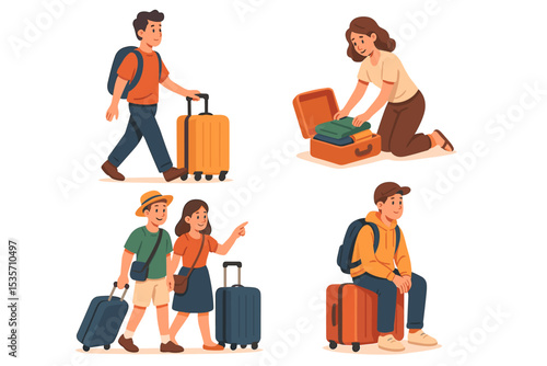 Traveler characters set with luggage for vacation. People on a trip: man walking, woman packing suitcase, tourist couple exploring, person waiting. Tourism journey concept. Vector