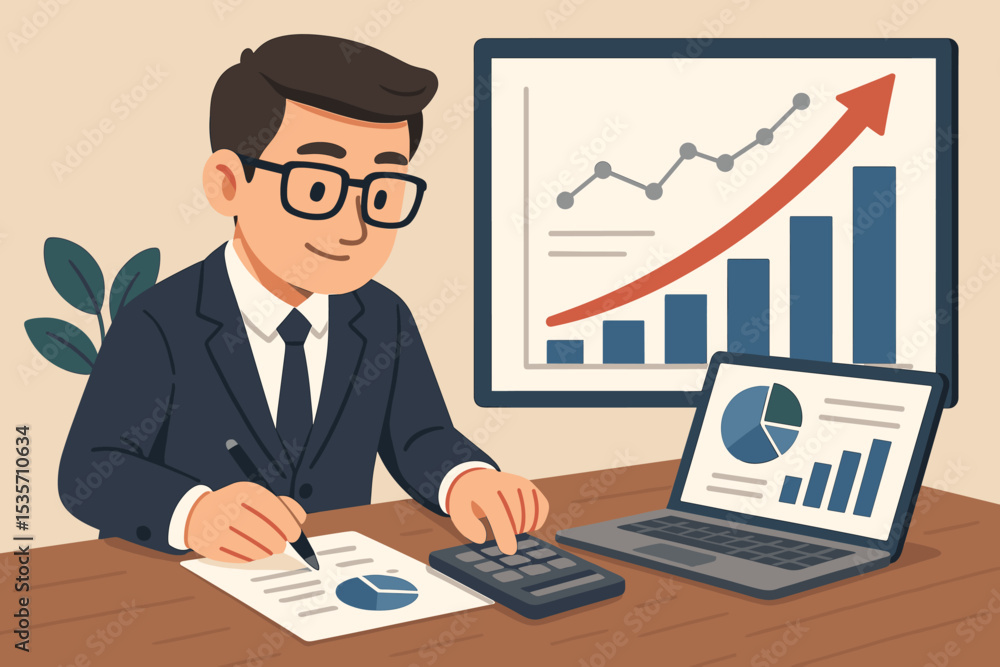 Financial strategy and data analysis concept. Businessman or accountant working on a report with graphs and charts. Market research, investment planning, and corporate growth vector. Financial strategy and data analysis concept. Businessman or accountant working on a report with graphs and charts. Market research, investment planning, and corporate growth vector.