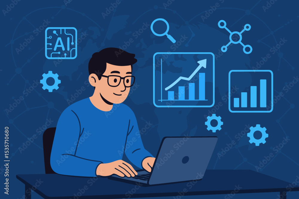 Data analyst professional working on laptop with AI for digital sales analysis. Business intelligence and market research concept. Financial growth chart, statistics graph, global network. Data analyst professional working on laptop with AI for digital sales analysis. Business intelligence and market research concept. Financial growth chart, statistics graph, global network.