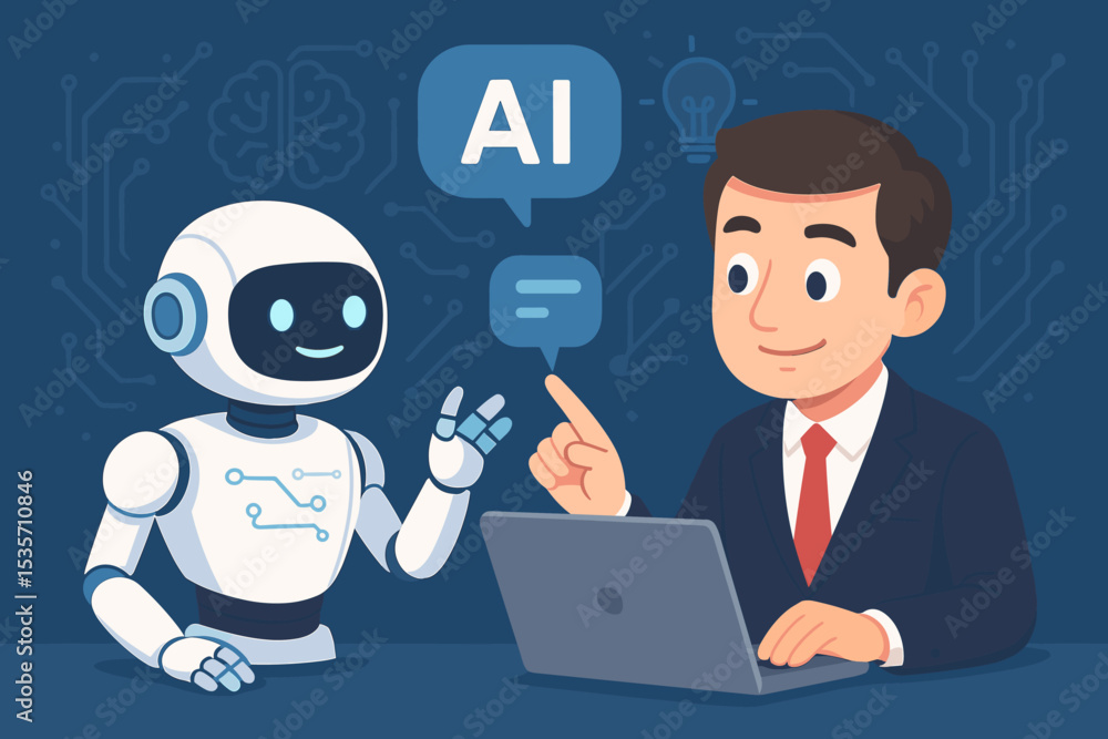 Businessman interacting with an AI robot. Human and artificial intelligence collaboration concept. Chatbot for customer support, future technology, automation and business innovation. Businessman interacting with an AI robot. Human and artificial intelligence collaboration concept. Chatbot for customer support, future technology, automation and business innovation.