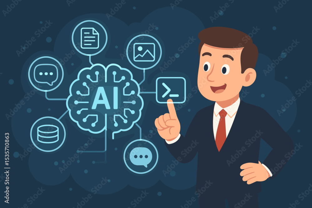 Businessman presenting Artificial Intelligence solutions on a digital interface. AI brain concept for machine learning, data analysis, automation, chatbot and business innovation. Businessman presenting Artificial Intelligence solutions on a digital interface. AI brain concept for machine learning, data analysis, automation, chatbot and business innovation.