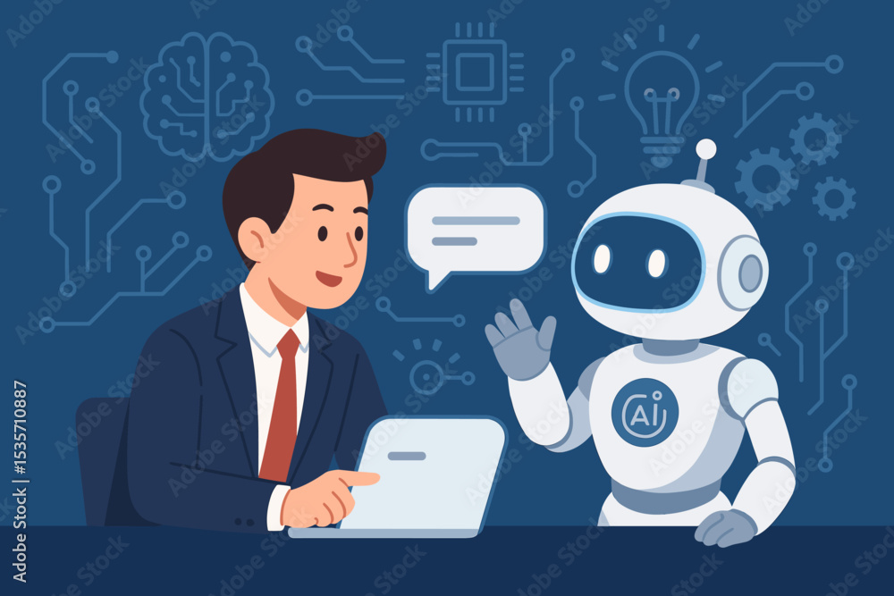 AI robot assistant helping a businessman working on a laptop. Future technology concept with artificial intelligence, automation, chatbot, machine learning, and business innovation. AI robot assistant helping a businessman working on a laptop. Future technology concept with artificial intelligence, automation, chatbot, machine learning, and business innovation.
