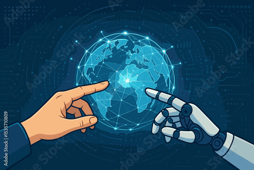 Artificial intelligence and human collaboration concept. Robot and human hands connecting over a digital Earth globe. Global network, communication technology, future innovation, synergy.