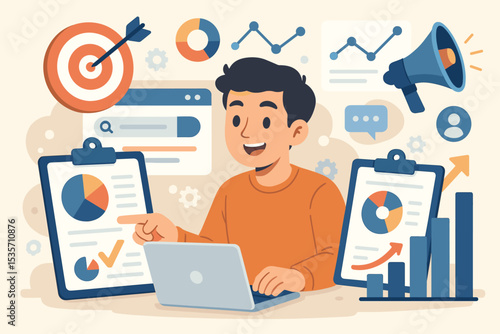 Digital marketing strategy concept with man analyzing data on laptop. Business analytics for SEO, social media campaign, and audience targeting. Market research and promotion vector.