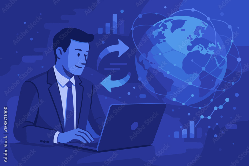 Global data synchronization technology. Businessman working on laptop connected to a worldwide network. Concept of international business, cloud computing, data exchange, and market analysis. Global data synchronization technology. Businessman working on laptop connected to a worldwide network. Concept of international business, cloud computing, data exchange, and market analysis.