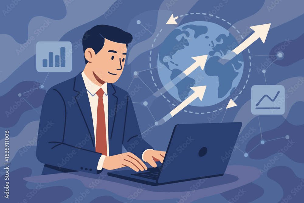 Businessman analyzing financial data on laptop for global market expansion. Concept of international business, world economy, data synchronization, technology and corporate strategy. Businessman analyzing financial data on laptop for global market expansion. Concept of international business, world economy, data synchronization, technology and corporate strategy.