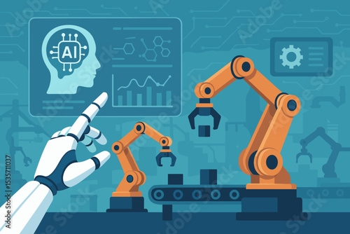 AI driven smart factory concept with robot arm and conveyor belt. Industry 4.0 automation technology. Artificial intelligence controlling manufacturing production process. Future tech vector.