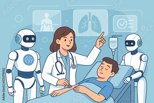Artificial intelligence in healthcare. Doctor and robot assistants examining patient in hospital bed. Futuristic medical technology, diagnostics, treatment, and automation concept.