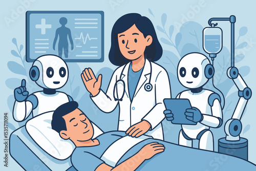 Concept of AI in healthcare. Female doctor with robot assistants caring for patient in hospital bed. Futuristic medical technology, innovation, automation, and health monitoring.