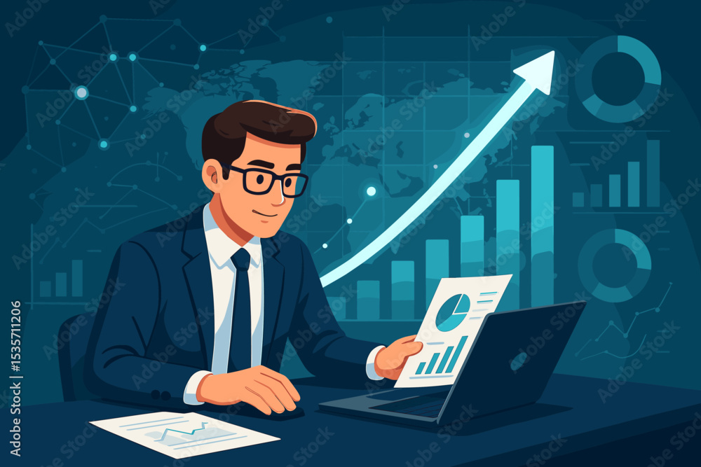 Financial analyst at desk with computer, working on business growth strategy. Concept of data analysis, investment, and marketing report with charts, graphs, and a world map background. Financial analyst at desk with computer, working on business growth strategy. Concept of data analysis, investment, and marketing report with charts, graphs, and a world map background.