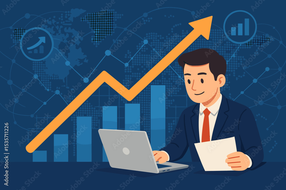 Businessman analyzing financial data on laptop. Global business strategy with growth chart and upward arrow. Stock market investment, trading success, and profit concept vector. Businessman analyzing financial data on laptop. Global business strategy with growth chart and upward arrow. Stock market investment, trading success, and profit concept vector.