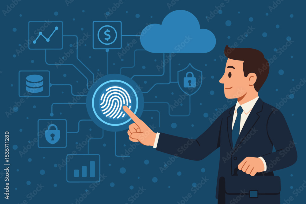 Businessman using biometric fingerprint scanner for cyber security and network access. Concept of digital data protection, cloud computing, secure login and financial technology. Businessman using biometric fingerprint scanner for cyber security and network access. Concept of digital data protection, cloud computing, secure login and financial technology.