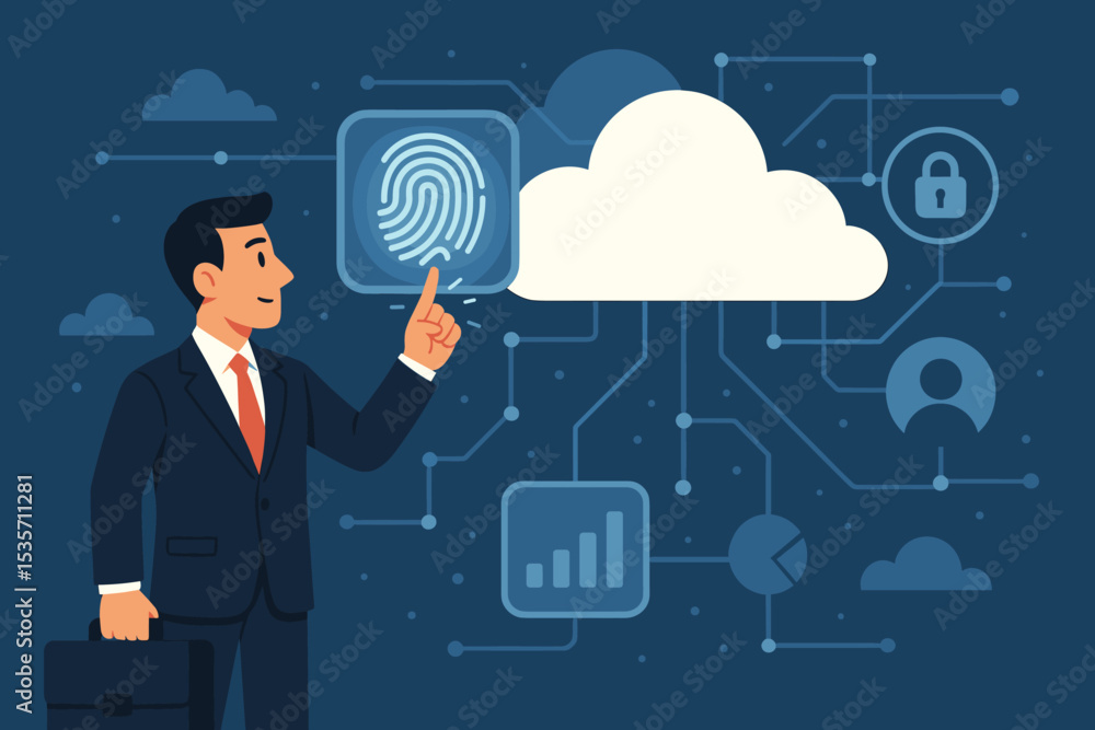 Biometric security concept with businessman touching a fingerprint scanner. Cybersecurity for cloud computing and data protection. User identity authentication and secure network access. Biometric security concept with businessman touching a fingerprint scanner. Cybersecurity for cloud computing and data protection. User identity authentication and secure network access.