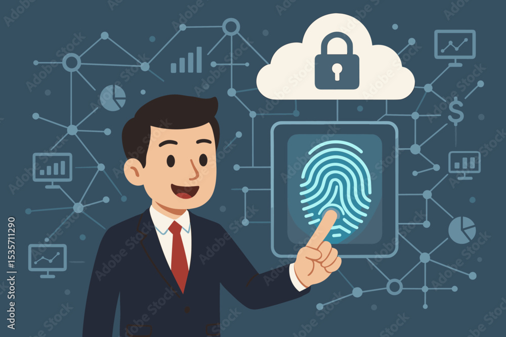 Businessman using fingerprint scanner for biometric authentication. Cyber security and cloud data protection concept. Secure network access control and privacy technology cartoon. Businessman using fingerprint scanner for biometric authentication. Cyber security and cloud data protection concept. Secure network access control and privacy technology cartoon.