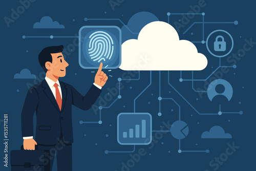 Biometric security concept with businessman touching a fingerprint scanner. Cybersecurity for cloud computing and data protection. User identity authentication and secure network access.