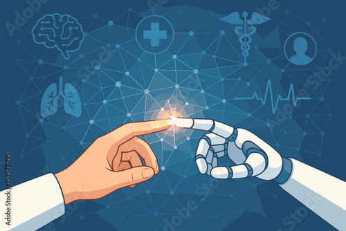 AI in medicine concept with robot and doctor hand connection. Future of healthcare technology, digital health, and medical innovation. Human and machine collaboration for diagnosis.