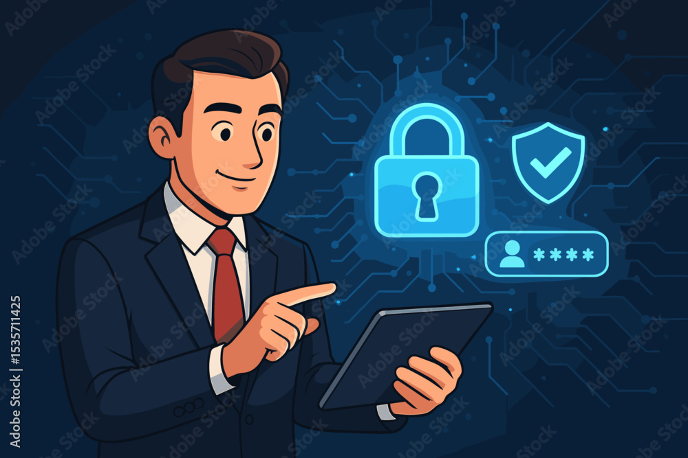 Businessman managing digital security on tablet. Cybersecurity concept with data protection, network privacy, and secure login. Password authentication with padlock and shield icons. Businessman managing digital security on tablet. Cybersecurity concept with data protection, network privacy, and secure login. Password authentication with padlock and shield icons.