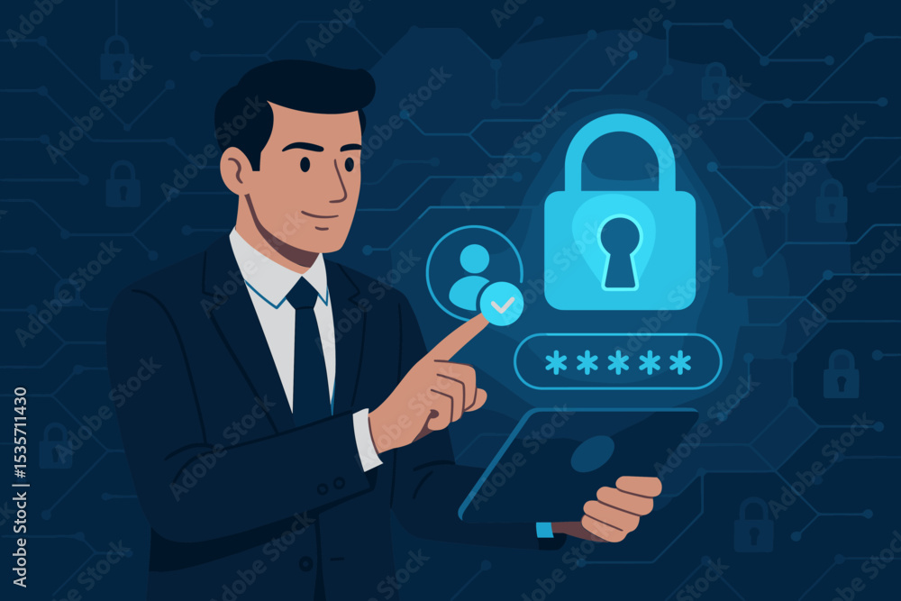 Businessman using a tablet for digital security and authentication. Cybersecurity concept with a padlock icon and password login. Data protection, privacy, and user verification. Businessman using a tablet for digital security and authentication. Cybersecurity concept with a padlock icon and password login. Data protection, privacy, and user verification.
