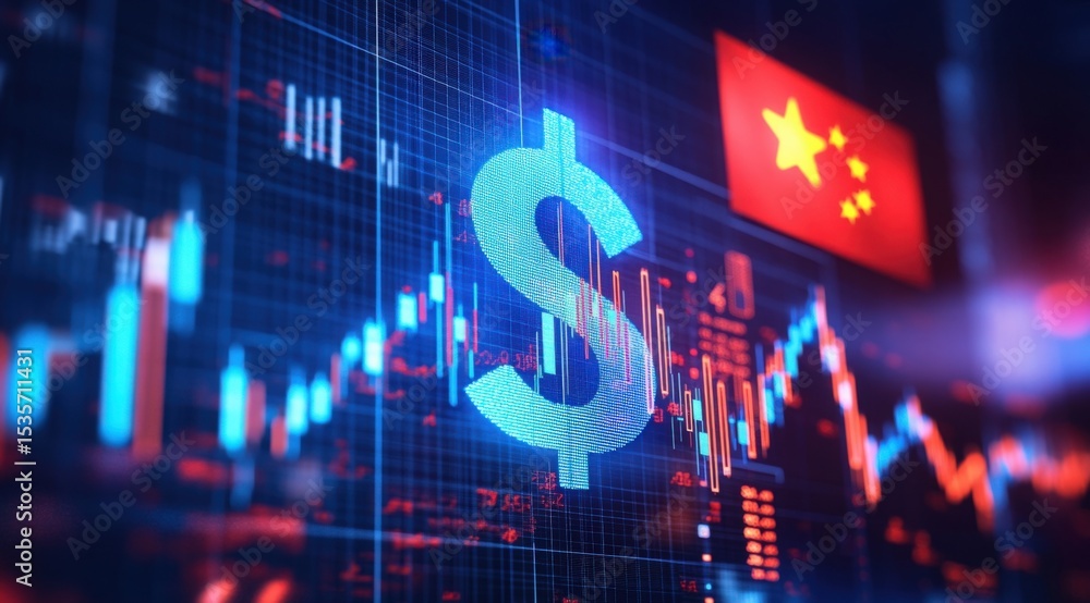 Fototapeta premium US Dollar and China Stock Market: A glowing US dollar sign is prominently displayed against a backdrop of dynamic stock market charts and a subtle representation of the Chinese flag.