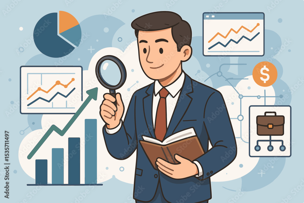 Financial analysis and investment strategy vector illustration. Businessman character holding magnifier, examining business growth chart. Stock market research and money management concept. Financial analysis and investment strategy vector illustration. Businessman character holding magnifier, examining business growth chart. Stock market research and money management concept.