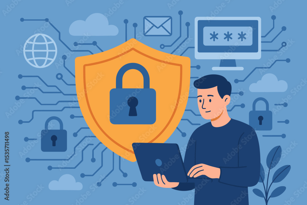 Cybersecurity concept with man using laptop for data protection. Internet security and privacy vector illustration with shield, padlock, and password. Network firewall technology. Cybersecurity concept with man using laptop for data protection. Internet security and privacy vector illustration with shield, padlock, and password. Network firewall technology.