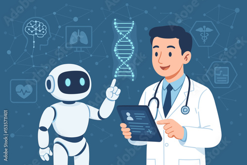 AI robot and doctor analyzing DNA helix. Concept of digital health innovation, futuristic medical technology, telemedicine, artificial intelligence in medicine, genetics research.