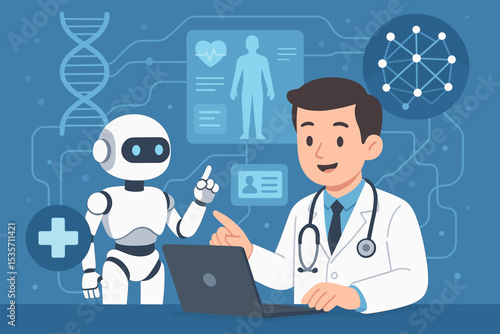 AI robot assisting doctor with medical data analysis on laptop. Digital health innovation, futuristic medicine, telehealth, electronic health records, DNA, and cardiology concept.