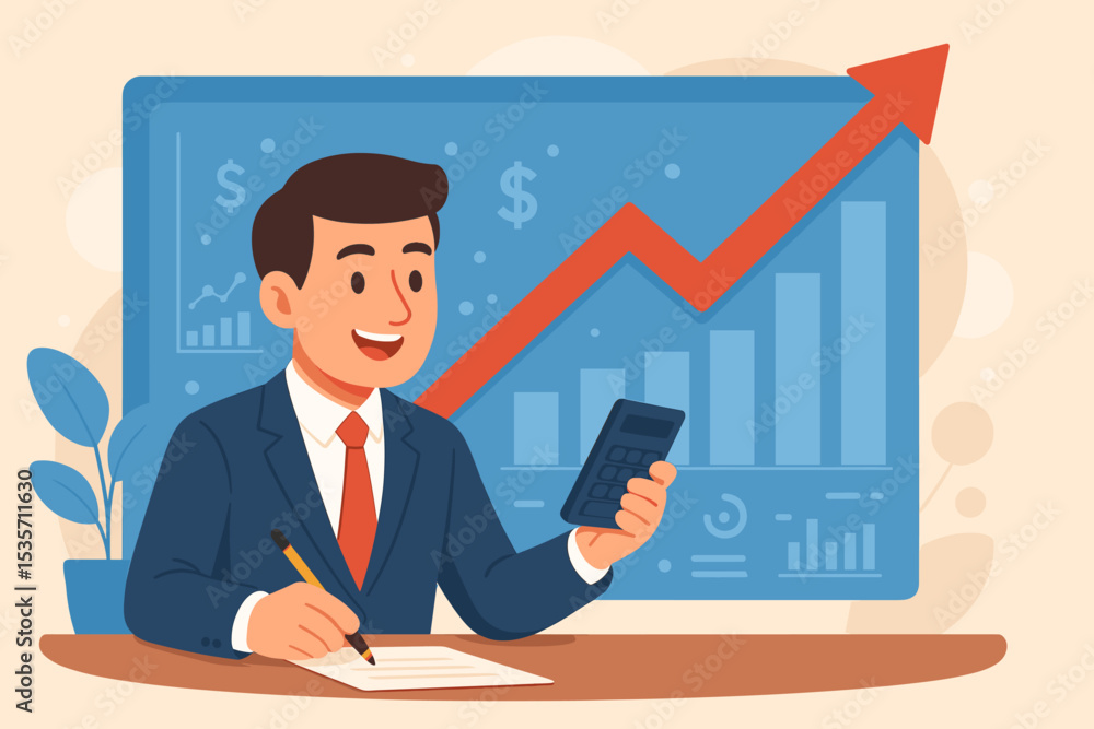 Businessman analyzing financial growth on a chart with an upward arrow. Manager calculating profit and investment return. Concept of accounting, market analysis, and business success. Businessman analyzing financial growth on a chart with an upward arrow. Manager calculating profit and investment return. Concept of accounting, market analysis, and business success.