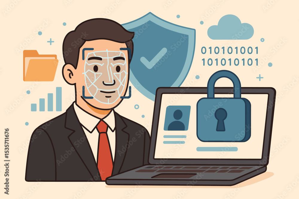 Cybersecurity concept with face recognition. Biometric authentication for secure data access and identity verification. Man's face scanned by AI for login. Digital privacy protection. Cybersecurity concept with face recognition. Biometric authentication for secure data access and identity verification. Man's face scanned by AI for login. Digital privacy protection.