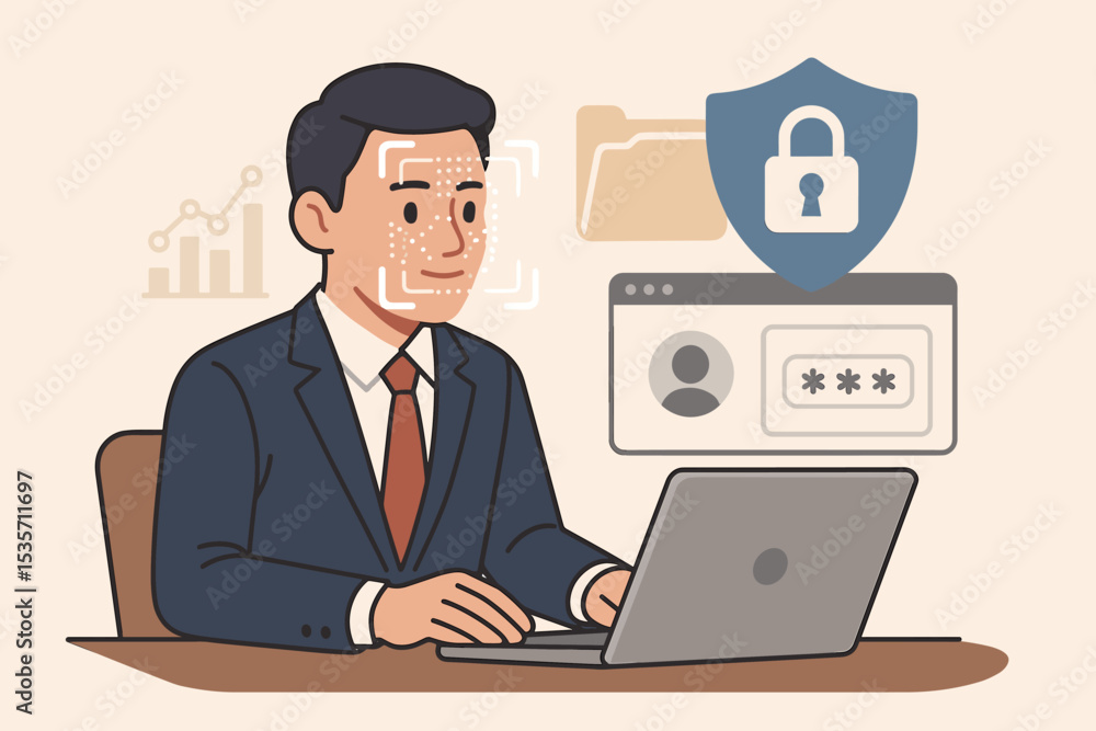 Cybersecurity and facial recognition technology concept. Businessman uses biometric face scan for secure login on laptop. Data protection, privacy, and access control system. Cybersecurity and facial recognition technology concept. Businessman uses biometric face scan for secure login on laptop. Data protection, privacy, and access control system.