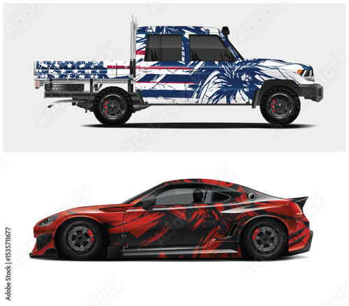 American Flag and Abstract Design Truck and Sports Car Wraps