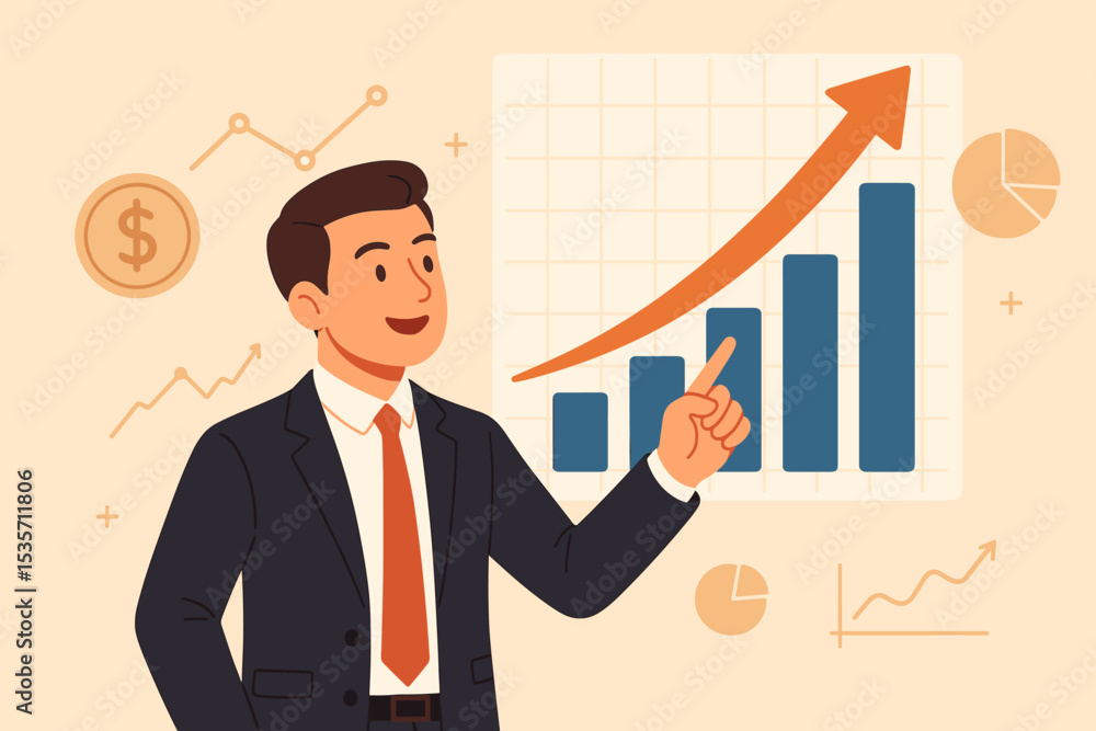 Financial growth analysis concept. Businessman pointing at increasing bar chart with arrow up. Successful investment, profit, and stock market report. Corporate presentation vector. Financial growth analysis concept. Businessman pointing at increasing bar chart with arrow up. Successful investment, profit, and stock market report. Corporate presentation vector.
