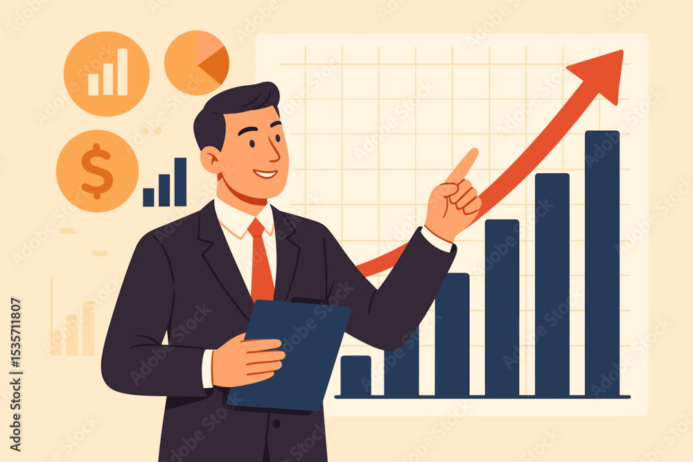 Businessman presenting financial growth analysis. Corporate manager pointing at rising bar chart with upward arrow. Concept of investment success, profit, and stock market. Businessman presenting financial growth analysis. Corporate manager pointing at rising bar chart with upward arrow. Concept of investment success, profit, and stock market.