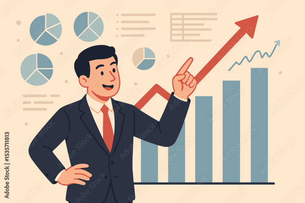 Business growth and financial success concept. Confident businessman presents data report with charts and graphs. Manager pointing at rising arrow showing profit and achievement. Business growth and financial success concept. Confident businessman presents data report with charts and graphs. Manager pointing at rising arrow showing profit and achievement.