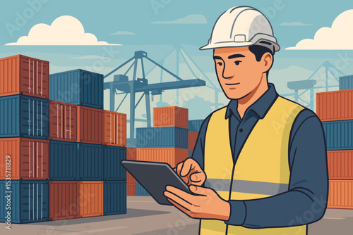 Logistics worker managing cargo inventory with a tablet at a container port. Foreman inspecting freight shipment. Supply chain, import, export, and industry concept vector.