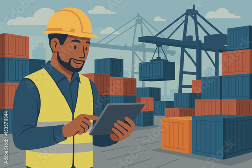 Port worker in hard hat using a digital tablet for inventory management. Shipping containers and gantry crane in background. Logistics, supply chain, import, export, and industry.