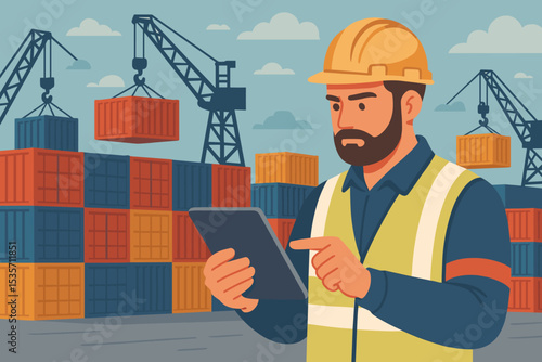 Logistics and supply chain management concept. Port worker with tablet managing freight cargo. Supervisor checking inventory at shipping dock with containers and cranes.