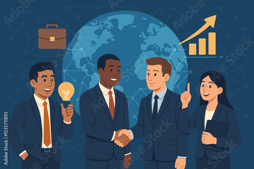 Global business collaboration vector concept. Diverse team of professionals sealing a corporate deal with a handshake. International partnership, innovation idea, and financial growth chart.