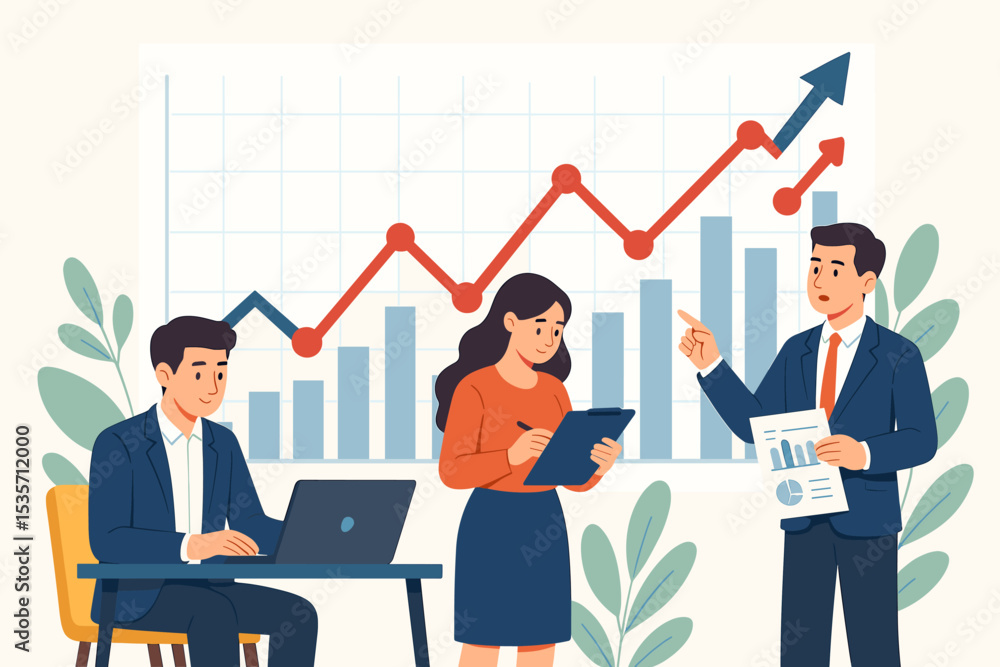 Corporate business team in a meeting. Financial analysts discussing stock market report. Manager presenting growth chart and data analysis for investment strategy and success. Corporate business team in a meeting. Financial analysts discussing stock market report. Manager presenting growth chart and data analysis for investment strategy and success.